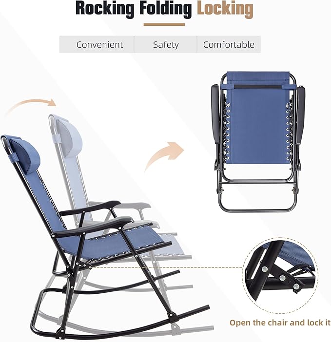 Flamaker Patio Rocking Chair Zero Gravity Chair Outdoor Folding Recliner Foldable Lounge Chair Outdoor Pool Chair for Patio, Poolside and Camping (Blue)