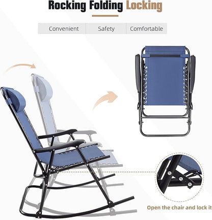 Flamaker Patio Rocking Chair Zero Gravity Chair Outdoor Folding Recliner Foldable Lounge Chair Outdoor Pool Chair for Patio, Poolside and Camping (Blue)
