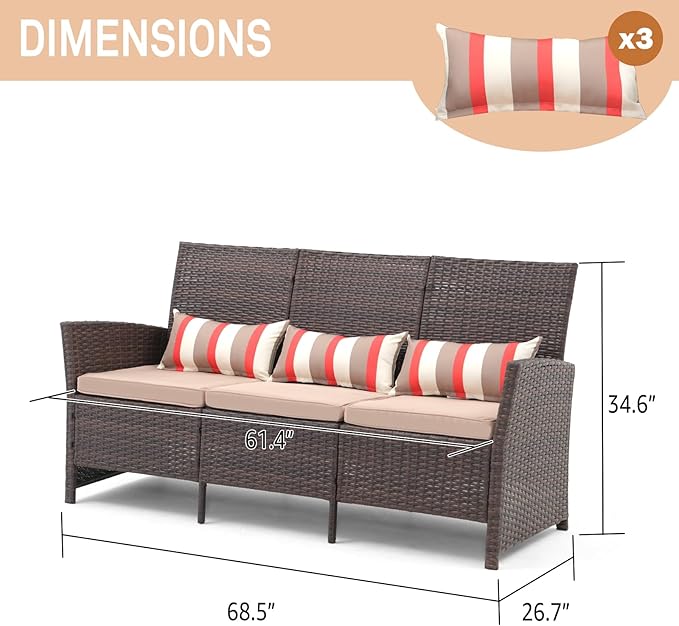 SUNSITT Outdoor Furniture 3 Seats Patio Couch, Outdoor Wicker Sofa, Brown PE Wicker with Beige Cushions & Lumbar - Photo 2