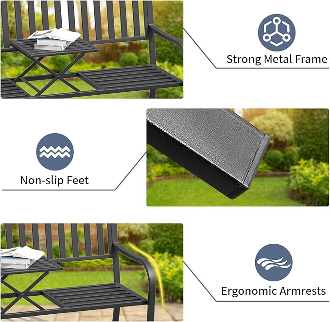 SHGJ&SOFT Outdoor Bench, Garden Bench,Outdoor Metal Frame Patio Park Bench with a Small Table,for Porch, Lawn,Garden,Yard (BK-04)