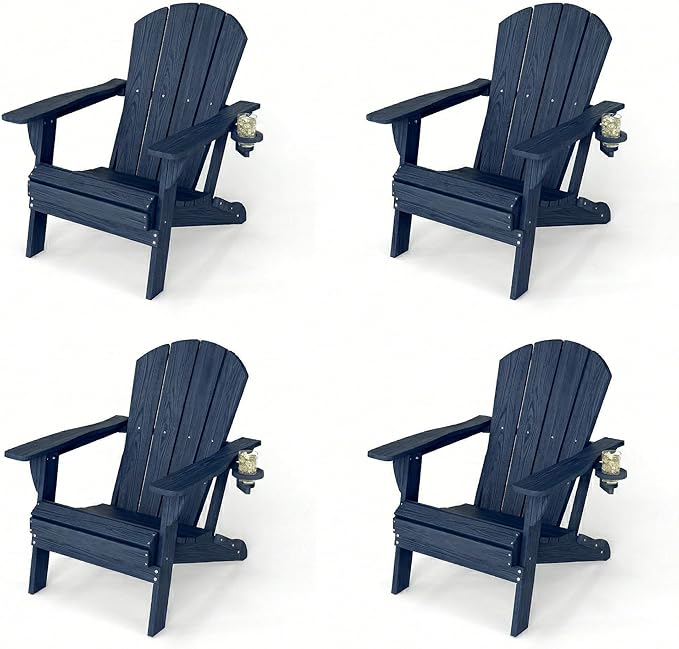 Kingdura Folding Adirondack Chairs Set of 4, Portable HDPE Outdoor Patio Chair with Wooden Textured & Cup Holder, Weather Resistant, 380LBS Capacity for Pool, Backyard, Balcony, Fire Pit (Navy Blue)