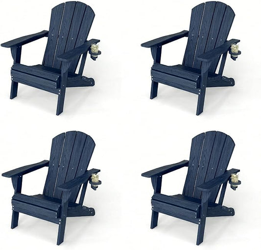 Kingdura Folding Adirondack Chairs Set of 4, Portable HDPE Outdoor Patio Chair with Wooden Textured & Cup Holder, Weather Resistant, 380LBS Capacity for Pool, Backyard, Balcony, Fire Pit (Navy Blue)
