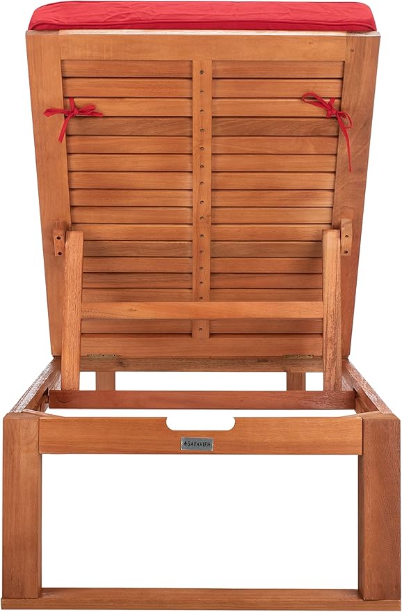 SAFAVIEH Outdoor Collection Solano Natural Brown Solid Wood/Red Cushion Patio Adjustable Chaise Lounge Chair (PAT7024R)