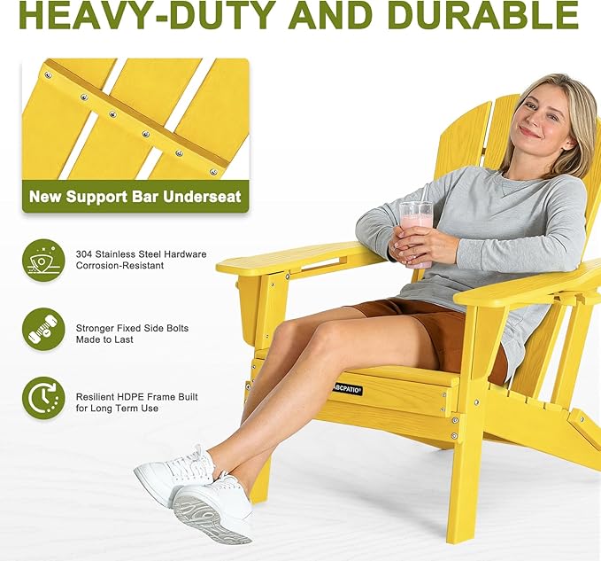 Folding Adirondack Chair with Dual Cup Holders, All-Weather HDPE Patio Chair Deck Chairs Outdoor, Fire Pit Chairs for Garden, Lawn, Poolside, Backyard, Pool - Yellow (Wood-Look)