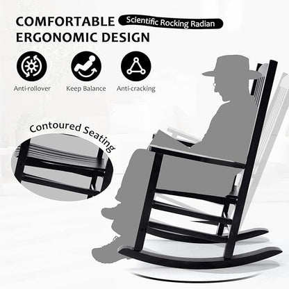 Wooden Rocking Chair Outdoor Oversized Porch Rocker Chair,Patio Wooden Rocker with High Back and Armrest,All Weather Rocker Slatted for Backyard,Garden,400 lbs Support,Black