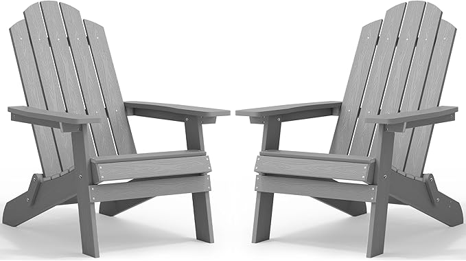 MXIMU Folding Adirondack Chair for Outdoor: Easy to Assemble and Comfortable Adirondack Chairs Set of 2 - All Weather Composite Plastic Chair for Outside Fire Pit Patio Lawn Garden Backyard Use(Grey)