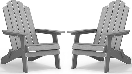 MXIMU Folding Adirondack Chair for Outdoor: Easy to Assemble and Comfortable Adirondack Chairs Set of 2 - All Weather Composite Plastic Chair for Outside Fire Pit Patio Lawn Garden Backyard Use(Grey)