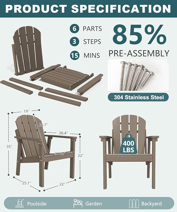 Adirondack Chair Set of 2, All Weather HDPE Fire Pit Chairs, Oversized Plastic Adirondack Chair for Outdoor, Balcony - Photo 2
