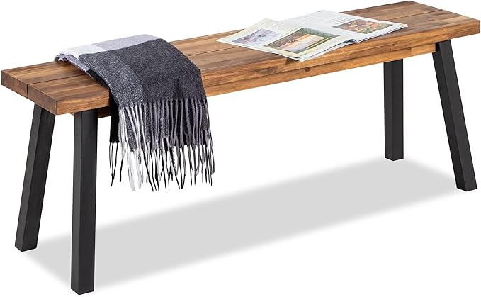 Solid Wood Bench - Minimalist Design, Acacia Wood Construction, Natural top-Black Leg Color, Versatile for Entryway - Photo 1