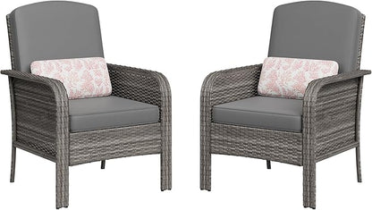 GarveeHome Outdoor Wicker Chairs Set of 2, All-Weather High Back Rattan Patio Furniture, 2-Piece Conversation Set with Comfy Cushions for Porch, Deck, Gray, Blue Cushion