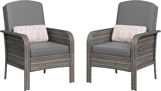 GarveeHome Outdoor Wicker Chairs Set of 2, All-Weather High Back Rattan Patio Furniture, 2-Piece Conversation Set with Comfy Cushions for Porch, Deck, Gray, Blue Cushion