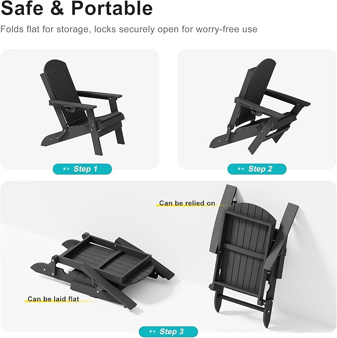 HDPE Foldable Adirondack Outdoor Chair Set of 4 with Cup Holder, Weather Resistant Heavy-Duty Patio Chair for Patio, Backyard, Deck, Fire Pit, Lawn and Porch, Black