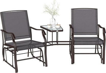 Outsunny Outdoor Glider Chairs with Coffee Table, Patio 2-Seat Rocking Chair Swing Loveseat with Breathable Sling for Backyard, Garden, and Porch, Gray