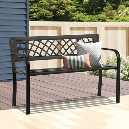 YRLLENSDAN Outdoor Bench 45in Metal Garden Bench All Weather Patio Bench for Outdoors with Backrest and Armrest for Patio, Park, Lawn, Deck w/Mesh Pattern Accent, Antique Finish - Black