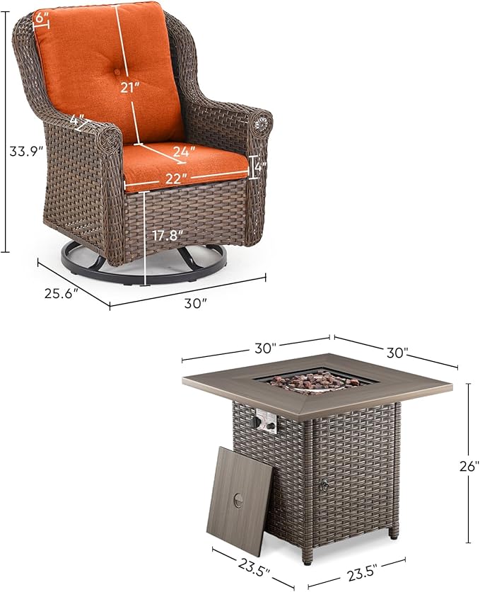 Outdoor Patio Swivel Gliders with Fire Pit Table 5 Piece Set - High Back Brown Wicker Rattan Rocking Chair with Thick Cushion for Porch Apartment Deck Yard Poolside Garden - Orange