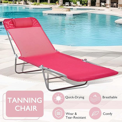 3-in-1 Heavy Duty Tanning Chair with Face Hole Adjustable 5-Position Folding Chaise Lounge Chairs Portable Lay Flat Beach Lounge Chair for Outdoor Sunbathing Patio Pool Lawn Camping Deck (Pink 2)