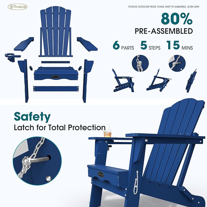 Folding Adirondack Chair Set of 2,HDPE All-Weather Outdoor Chair with Cup Holder,Wooden Textured,Fire Pit Chair,Plastic Patio Chair for Deck,Backyard,Garden,Lawn(Navy Blue)