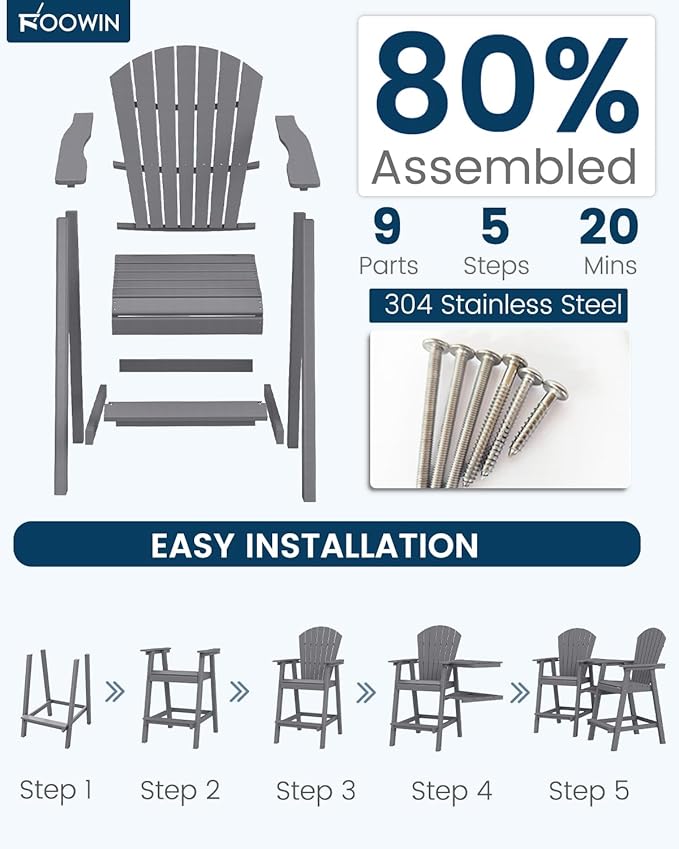 FOOWIN Tall Adirondack Chair Set of 2, All Weather HDPE Bar Height Adirondack Chair with Double Connecting Trays - Photo 7