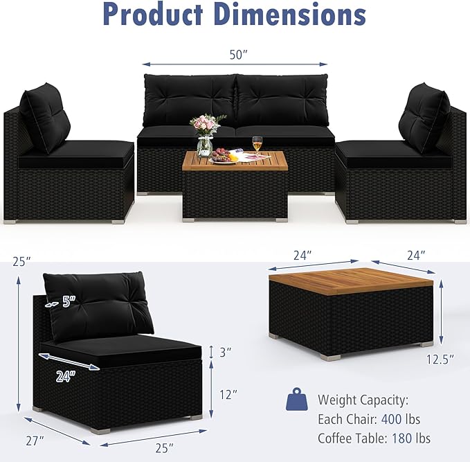 Tangkula 5 Piece Rattan Sofa Set, Outdoor Wicker Furniture Set w/Seat & Back Cushions, Square Coffee Table - Photo 6