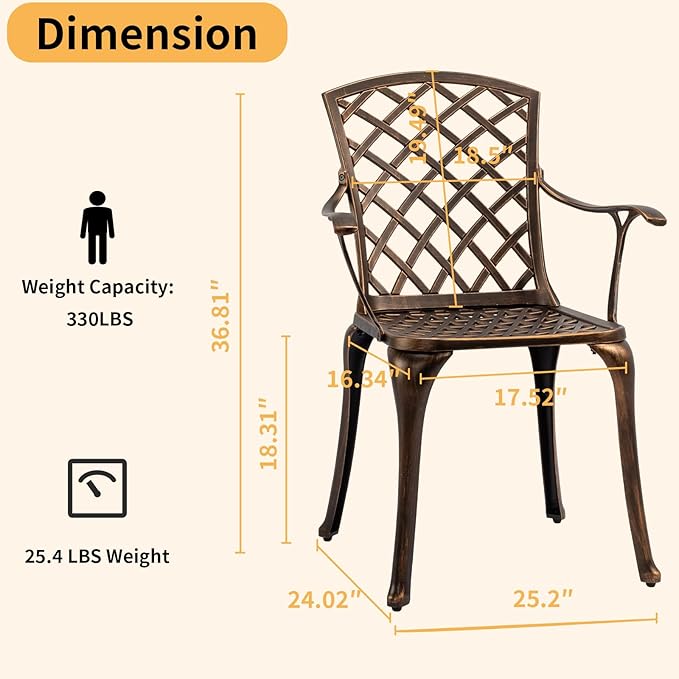 VINGLI Patio Chairs Set of 2, All-Weather Cast Aluminum Outdoor Dining Chairs, Metal Armchairs for Poolside, Backyard, Balcony (Grid Back Without Cushion)