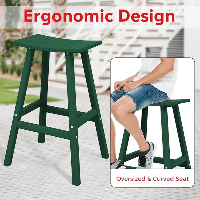 Costaelm All-Weather Bar Stools Set of 3, 29" Height Outdoor Bar Stools, Adirondack Poly Patio Bar Stool for Patio, Deck, Kitchen Counter and Garden, Dark Green
