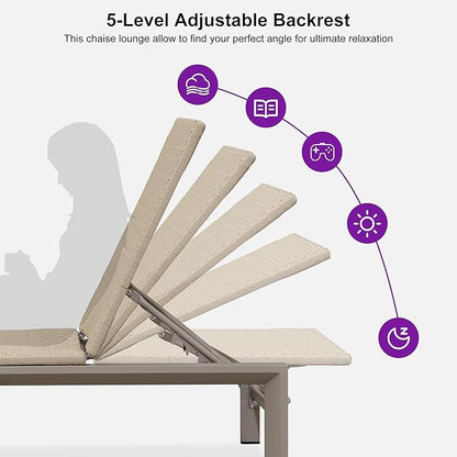PURPLE LEAF Oversize Patio Wicker Chaise Lounge 2 Piece, Aluminum Outdoor Pool Lounge Chair with Adjustment Backrest, Breathable Lounger Sunbath Tanning Recliner for Poolside, Garden, Khaki
