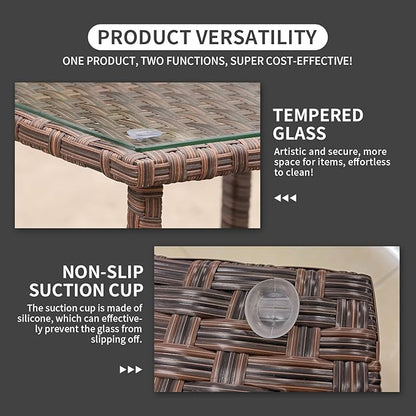Outdoor Wicker Patio Rattan Garden Coffee End Square Table with Glass Top 2-layer Furniture (Brown)