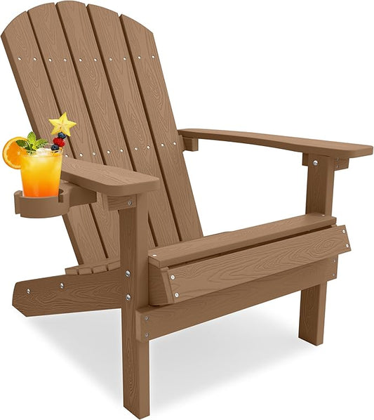 YEFU Adirondack Chair for Outdoor Patio: Zero Gravity Fire Pit Chair Plastic with Cup Holder & Wood Texture - Sturdy All-Weather HIPS for Backyard Poolside Lawn - Easy Assembly(Teak)