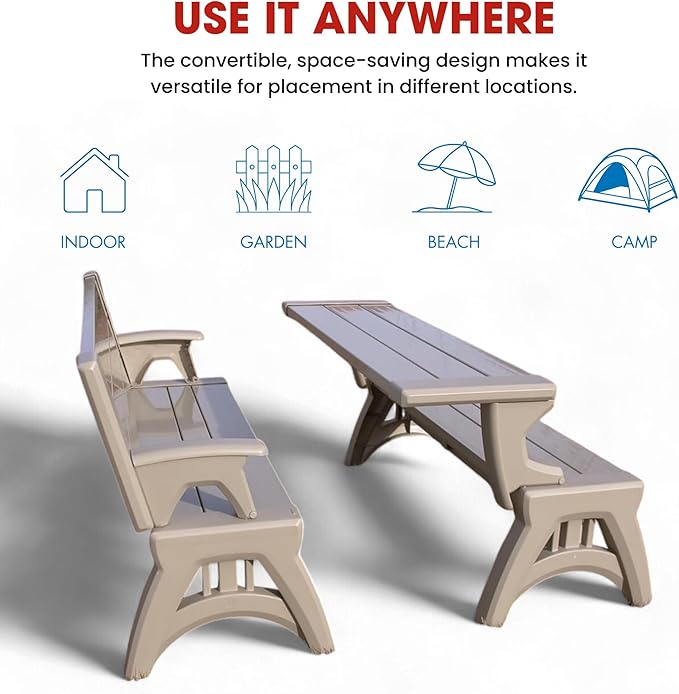 Convert-a-Bench Gen 2 2-in-1 Outdoor Convertible Bench to Picnic Table | Space-Saving, Weather-Resistant Patio Furniture for Yard, Deck, Garden | Easy Assembly & Durable - 1 Bench/Order, Adobe