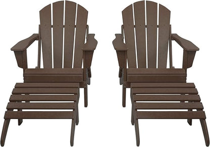 WestinTrends Malibu Outdoor Lounge Chair Set, 4-Pieces Adirondack Chair Set of 2 with Ottoman, All Weather Poly Lumber Patio Lawn Folding Chair for Outside Pool Beach, Dark Brown