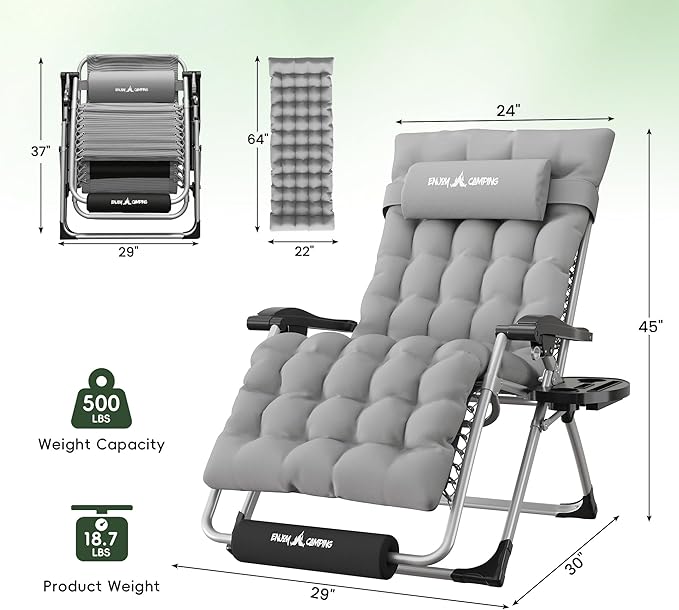 Amopatio Oversized Padded Zero Gravity Chair, XL 29In Reclining Camping Lounge Chair w/Removable Cushion&Headrest - Photo 3