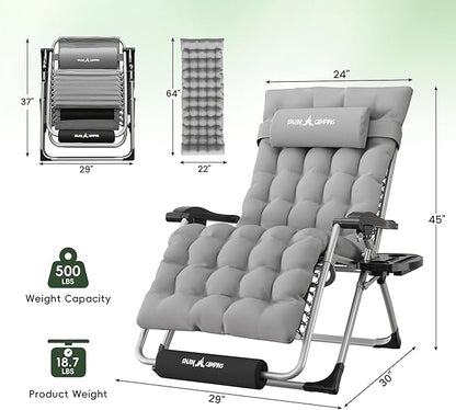 Amopatio Oversized Padded Zero Gravity Chair, XL 29In Reclining Camping Lounge Chair w/Removable Cushion&Headrest, Upgraded Lock and Footrest, Folding Patio Recliner for Indoor Outdoor, Grey