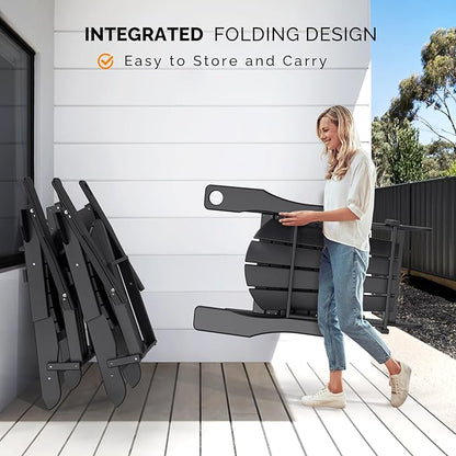 VINGLI Folding Adirondack Chair Set of 4 with Ottoman, Waterproof Plastic HDPE Firepit Chair for Outside with Hidden Footrests, Foldable Ergonomics Seating for Patio Porch Yard Garden(Black)