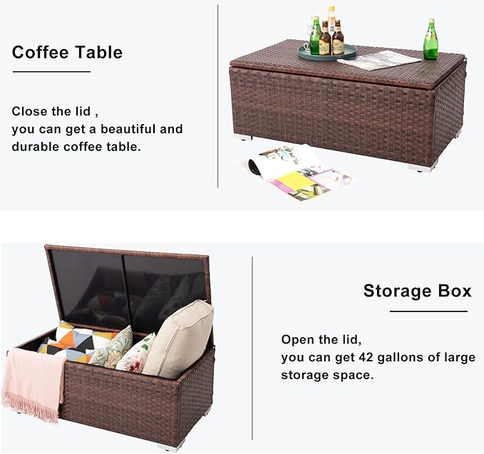 DIMAR GARDEN Outdoor Storage Coffee Table with Waterproof Cover,Patio Wicker Storage Table,42 Gallon Mixed Brown