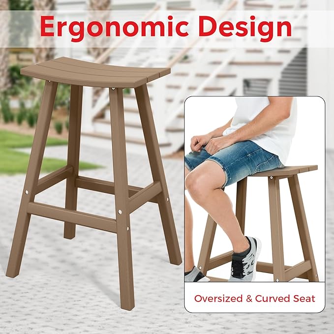 Costaelm All-Weather Bar Stools Set of 3, 29" Height Outdoor Bar Stools, Adirondack Poly Patio Bar Stool for Patio, Deck, Kitchen Counter and Garden, Weathered Wood