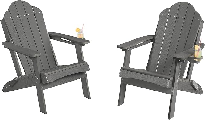 Foldable HDPE Adirondack Chairs Set of 2, Modern, Deck, Patio, Hotel, All-Weather Outdoor Seating, Hidden Cup Holder, Dark Gray