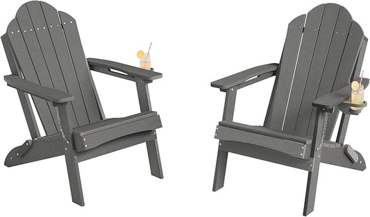 Foldable HDPE Adirondack Chairs Set of 2, Modern, Deck, Patio, Hotel, All-Weather Outdoor Seating, Hidden Cup Holder, Dark Gray