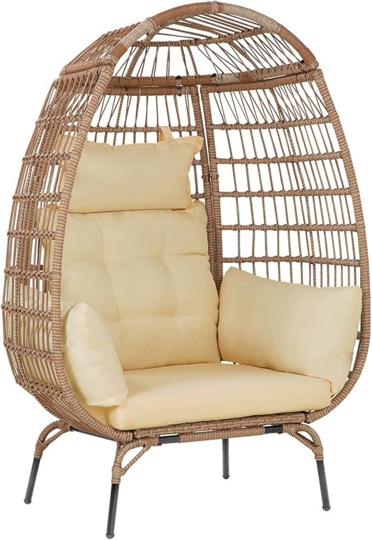 Oversized Egg Chair Outdoor Wicker Egg Chair 352lbs Capacity Outdoor Lounge Chair All Weather PE Rattan Patio Chair with Removeable Thick Cushions for Patio Balcony Backyard Garden Indoor, White