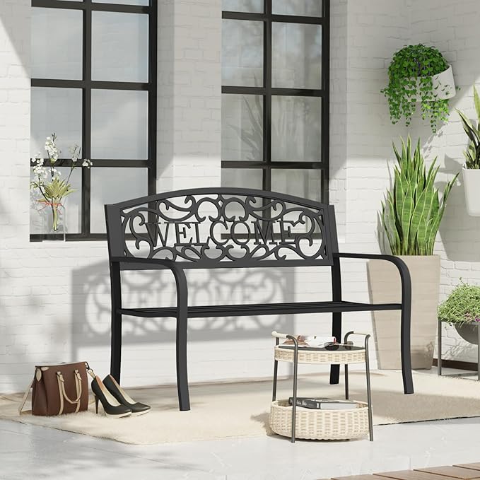 50 Inches Outdoor Garden Bench, Outside Bench with Anti-Rust Steel Metal Frame ＆ Non-Slip Legs, Patio Bench with Floral Pattern Backrest (Welcome)