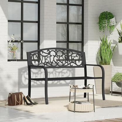 50 Inches Outdoor Garden Bench, Outside Bench with Anti-Rust Steel Metal Frame ＆ Non-Slip Legs, Patio Bench with Floral Pattern Backrest (Welcome)