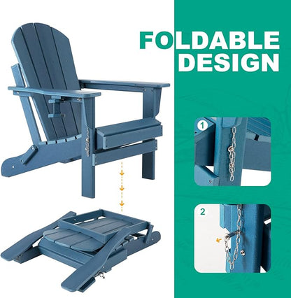 Adirondack Chair Set of 2 with Cushion & Cup Holders, HDPE Weather Resistant Folding Adirondack Chair for Adults, Outdoor Fire Pit Chairs for Patio/Porch/Swimming Pool/Garden (2, Blue)
