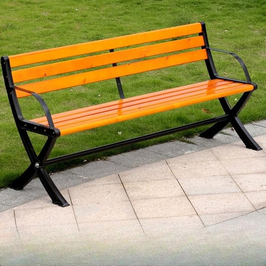 LITFAD Outdoor Bench Modern Park Bench with Corrosion Resistant Metal Frame, Yellow-Brown Wooden Seating with Backrest, Garden Bench for Patio, Lawn, Yard, Porch - Type A, 71" L x 21" W x 28" H