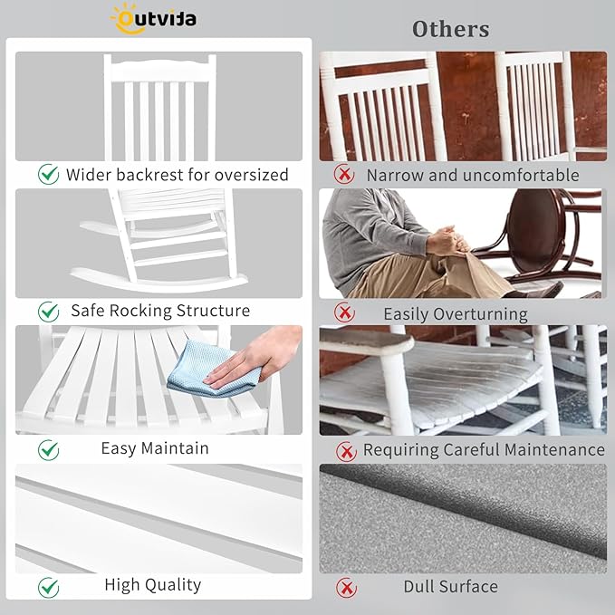 Outvita Outdoor Rocking Chair, Solid Wood High Back Rocker, All Weather Lounge Chair for Porch Patio Fire Pit Garden Backyard Deck Indoor, Wave Shape, White