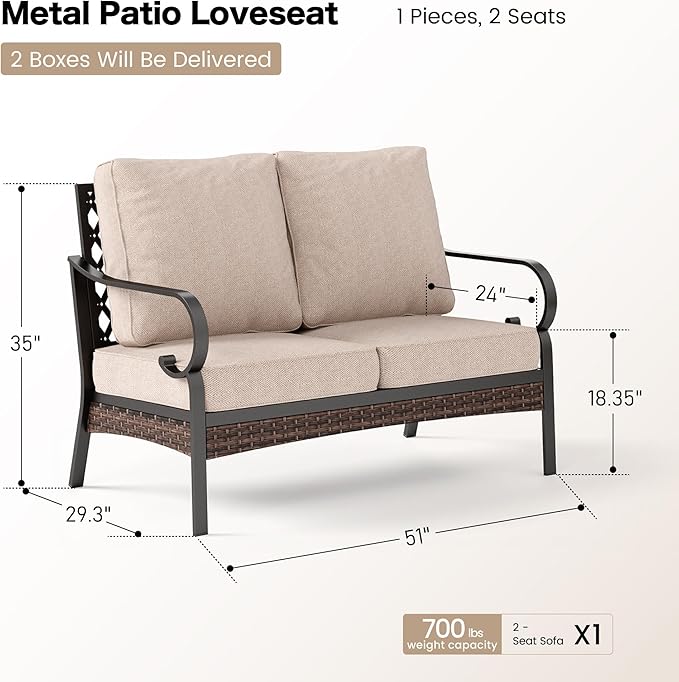Metal Patio Furniture Loveseat with 5.75" Extra Thick Waterproof Cushion - Photo 2