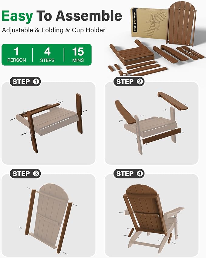 YEFU Folding Adirondack Chair for Outdoor: Plastic Foldable Fire Pit Chair with Cup Holders & Adjustable Backrest - Sturdy All-Weather HDPE for Outside Patio Poolside - Easy Assembly(Teak)