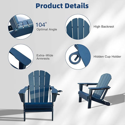 Domi Folding Adirondack Chairs Set of 8, HDPE All-Weather Outdoor Chairs with Cup Holder, Wooden Textured Fire Pit Chairs for Backyard, Patio, Poolside & Deck, Navy Blue
