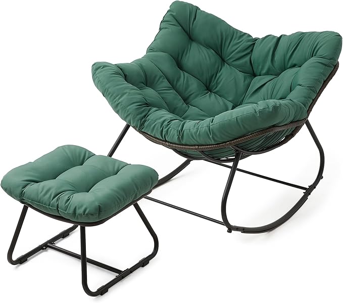 Wisteria Lane Patio Rocking Chair with Ottoman, Outdoor Indoor Rocking Egg Chair with Cushions, Metal Lounge Chair Oversized Papasan Chair, Outdoor Wicker Reading Chair for Porch Garden, Green