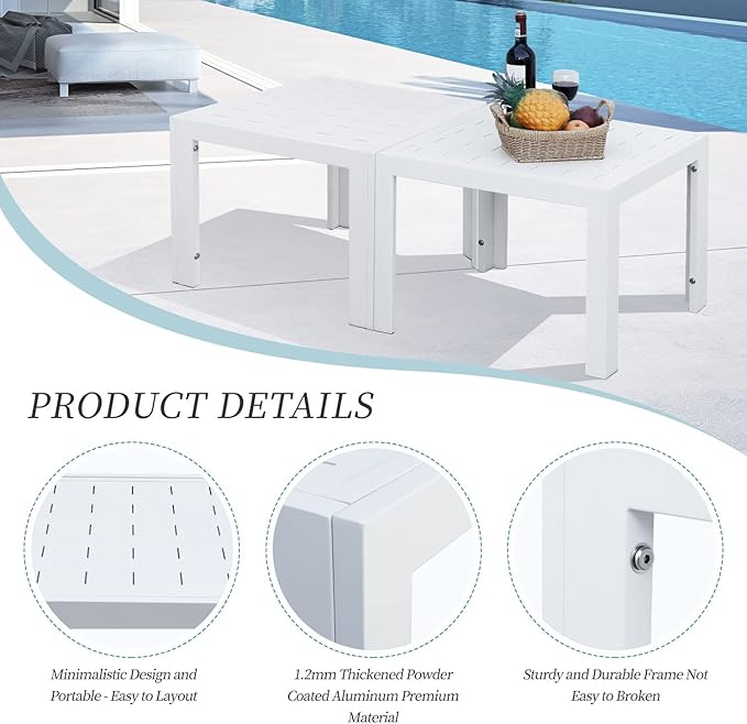 NICESOUL® 2 Pieces Aluminum Tables Side Tables for Outdoor Patio Porch Backyard Furniture Pieces in Pairs White - Photo 3