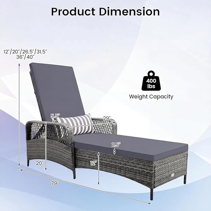 COSTWAY PE Rattan Chaise Lounge Chair, 6 Gear Adjustable Recliner with Armrest & Pillow, Wicker Outdoor Furniture for Deck, Patio (1, Dark Gray)