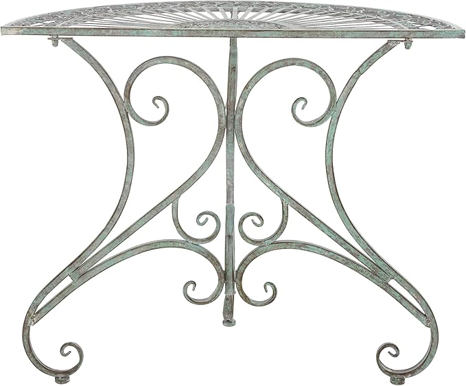 SAFAVIEH Outdoor Collection Annalist Victorian Scroll Antique Dark Green Wrought Iron Half Moon Accent Table